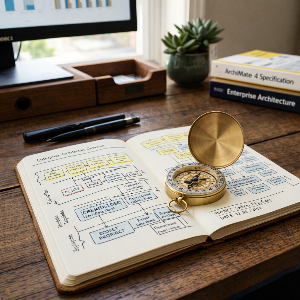 Open notebook displaying a flowchart of enterprise architecture layers with a vintage compass on the page, pens nearby and reference books in background