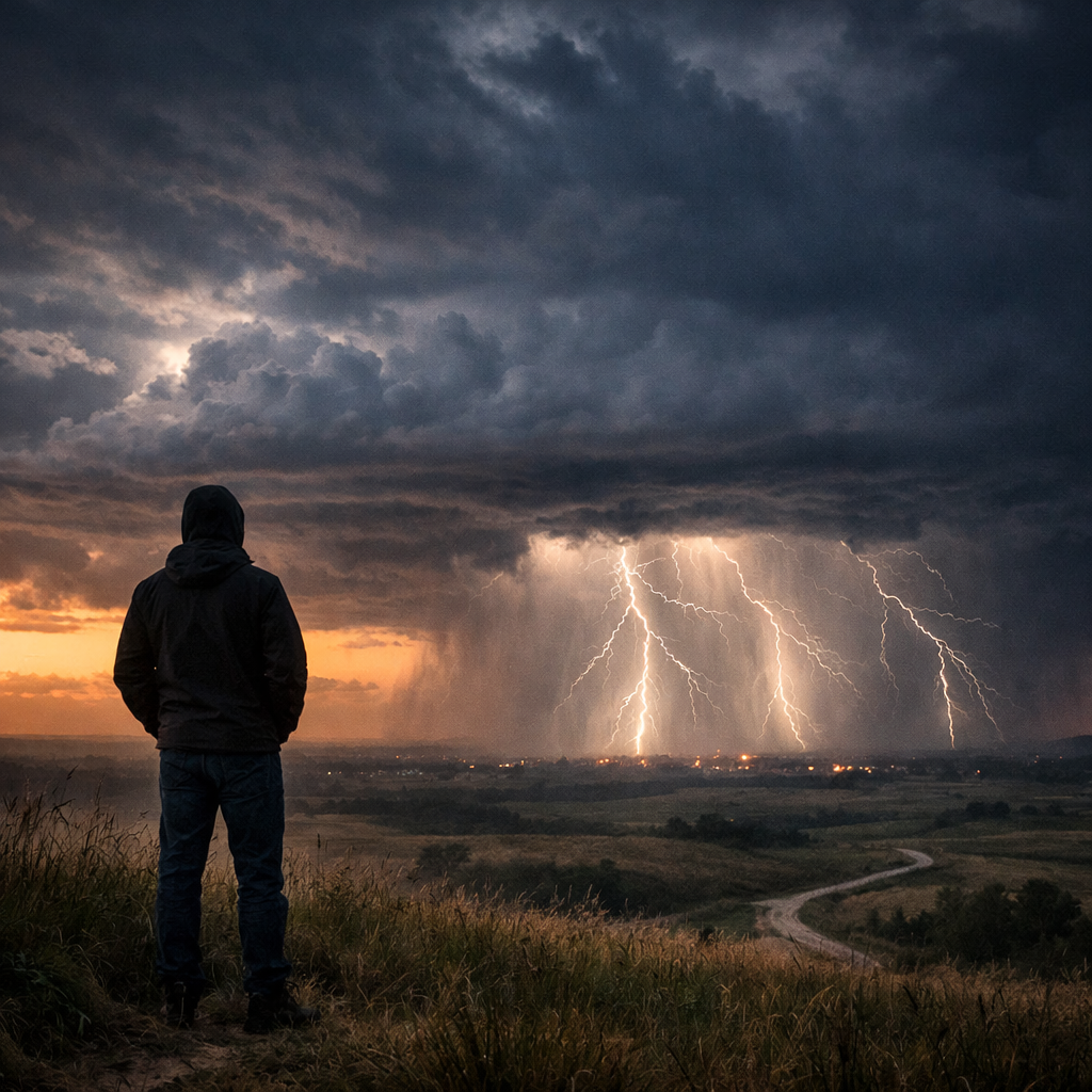 Person in dark jacket standing on grassy hill observing multiple lightning strikes during stormy sunset