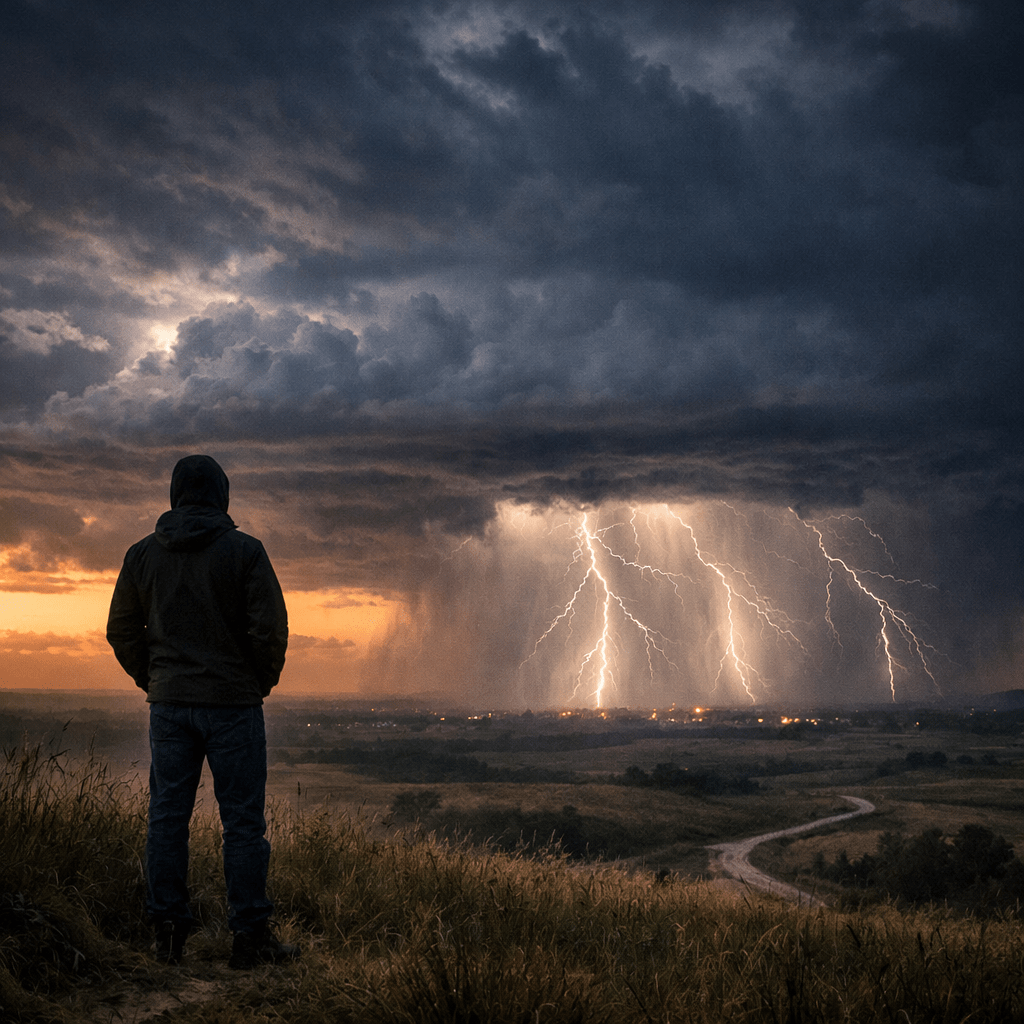 Person in dark jacket standing on grassy hill observing multiple lightning strikes during stormy sunset